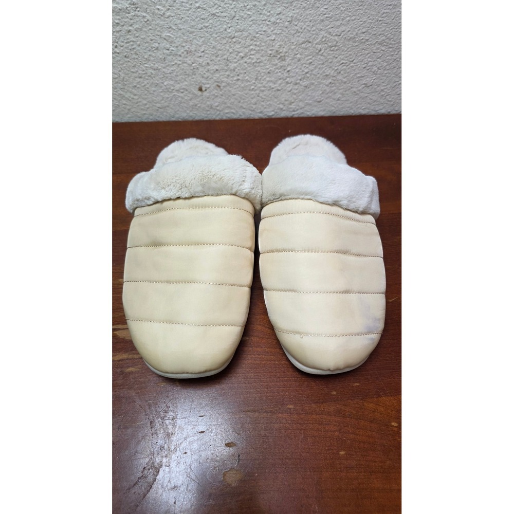 Vionic Josephine Faux Fur Slippers Womens 6 Cream Quilted‎ Puffer Mules Orthotic